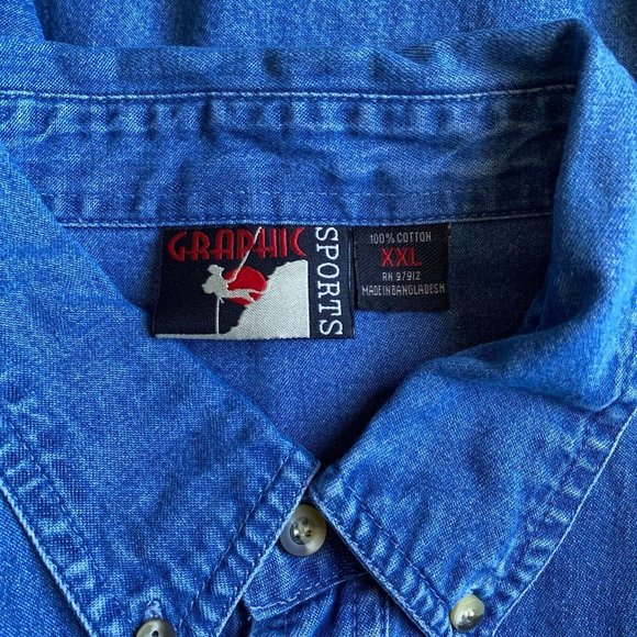 Graphic Sports Shirt Adult 2XL XXL Blue Denim Button Up Long Sleeve Logo Mens - Picture 11 of 11